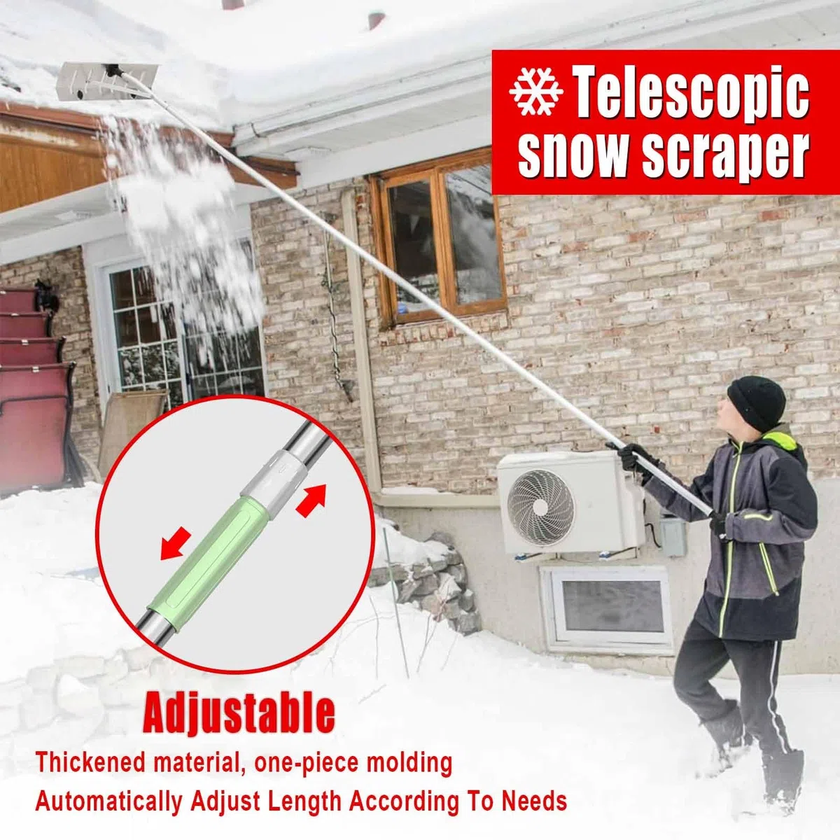 Pala da neve estensibile e raschietto per ghiaccio, manico in alluminio, facile rimozione della neve sul tetto, foglie, detriti, 2-4 m