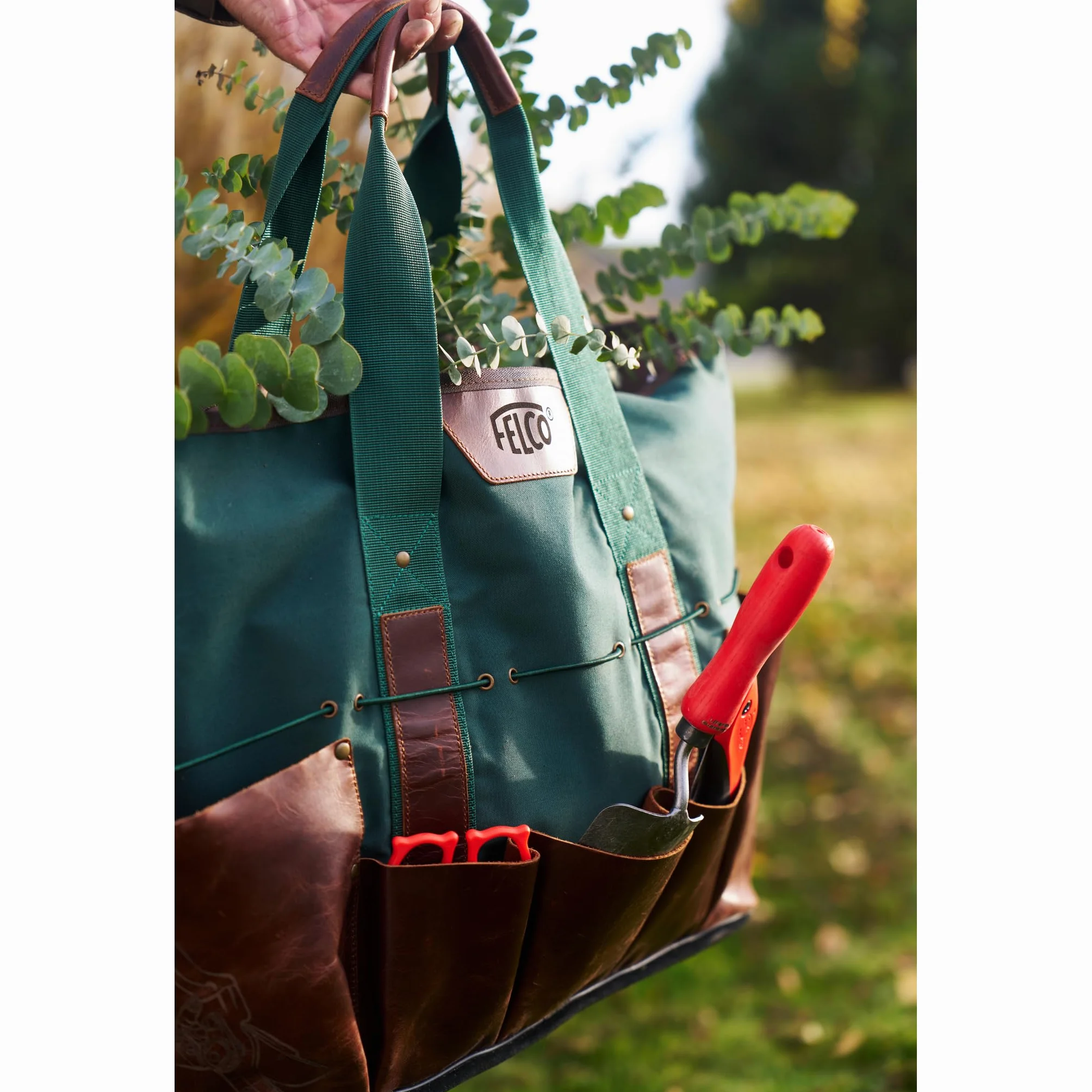 FELCO 481 Borsa Multiuso da Giardino, Tela Idrorepellente, Tasche in Pelle di Bufalo Cerata, Fondo in Pelle Nera, Cinghie Elastiche Dori, 500mm, Design Lifestyle e Pratico