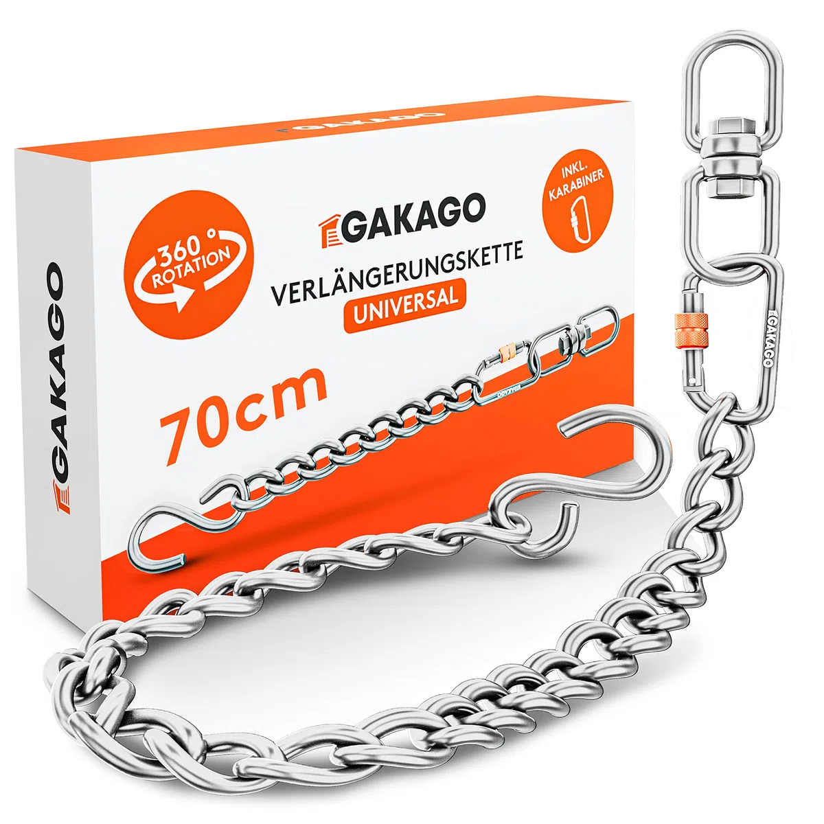 Gakago Catena di prolunga Come Catena per Sedia sospesa, prolunga per Altalena, Supporto per Sacco da Boxe - Catena in Acciaio con Gancio a S, girella e moschettone - Anche per Esterni