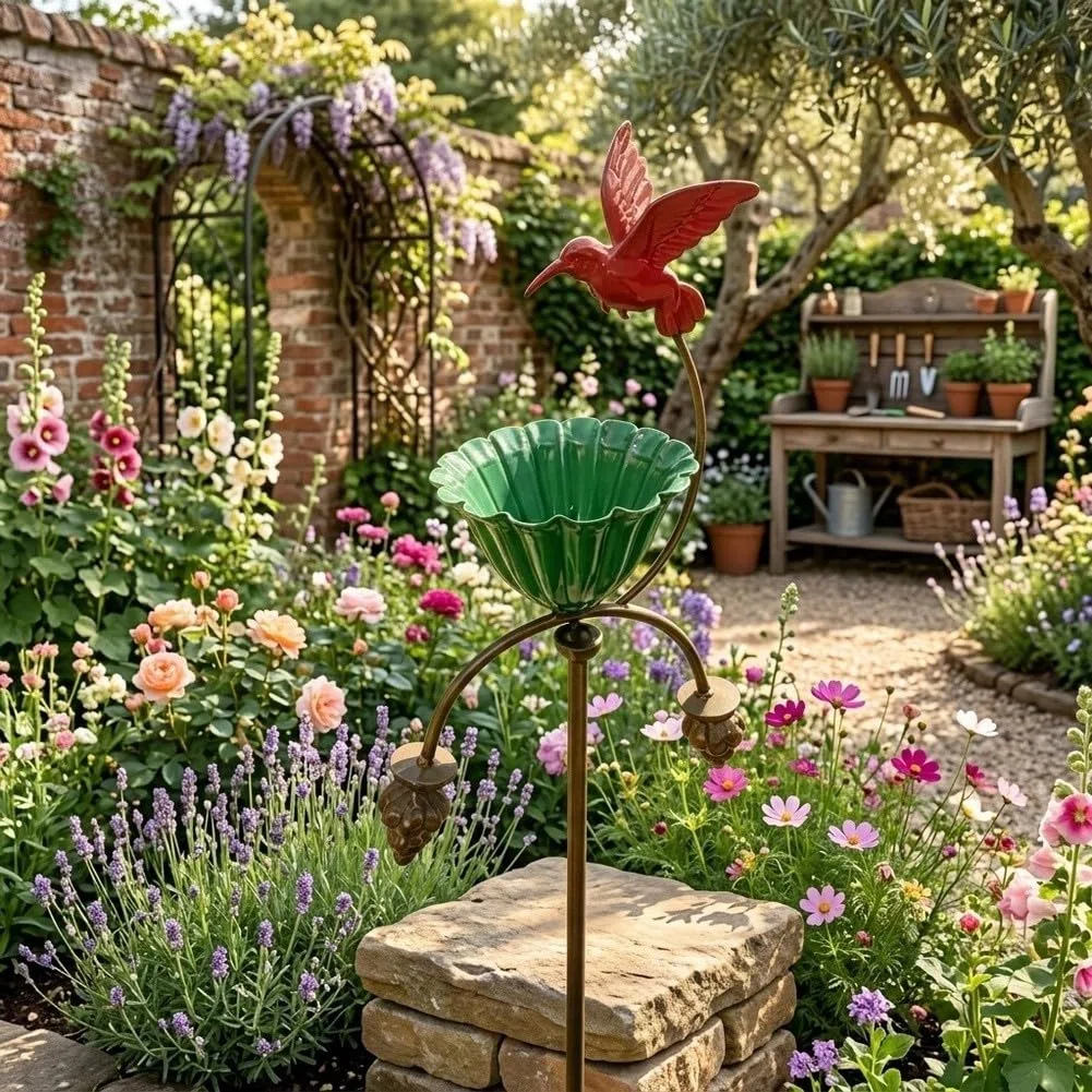 Elegante mangiatoia per uccelli in metallo con ciotola per fiori Red Hummingbird Feeder e Abbeveratoio per uccelli per esterni Decorazione da giardino Robusto palo in ferro battuto verde e