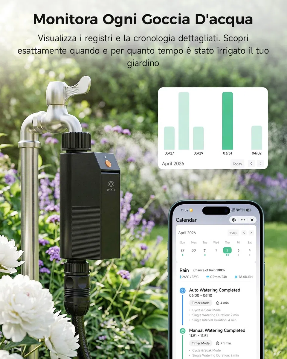 WOOX Programmatore Irrigazione WiFi Intelligente, Senza Hub Richiesto 2,4GHz Timer Irrigazione, App/Controllo Vocale, IP65 Impermeabile Centralina Irrigazione Automatica, Ritardo Pioggia & Manuale