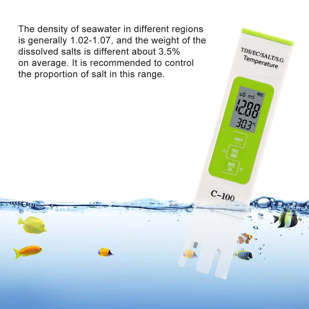 Tester di Salinità TDS EC, Tester di Qualità Dell'acqua C-100 5 in 1, Misuratore di Temperatura, Penna di Test per Rilevatore di Qualità Dell'acqua, Tester Multifunzione per Acqua di Mare con Retroill