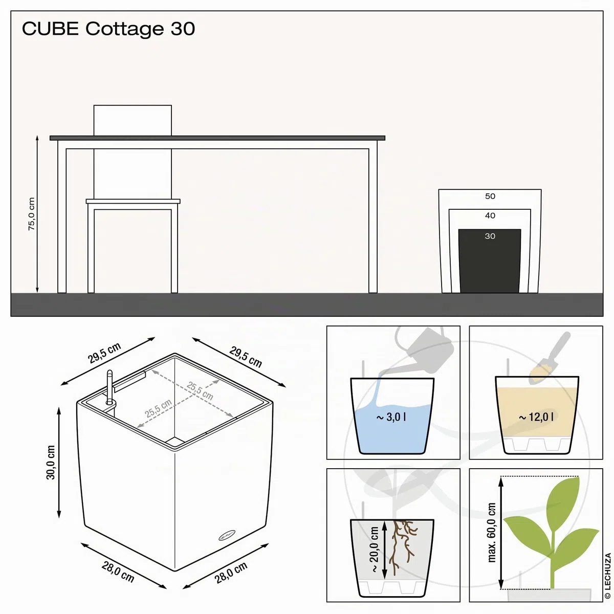 LECHUZA CUBE Cottage 30 bianco 15376