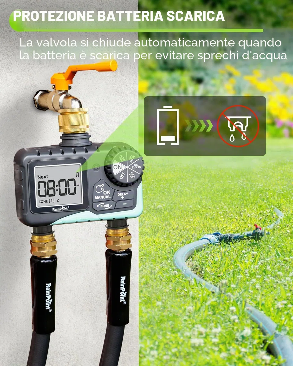 RAINPOINT Centralina Irrigazione 2 Vie, Ingresso e Uscita in Ottone, Timer Irrigazione Automatica Impermeabile IP65 con Ritardo per Pioggia/Bewässerung Manuale, per Prato e Giardino
