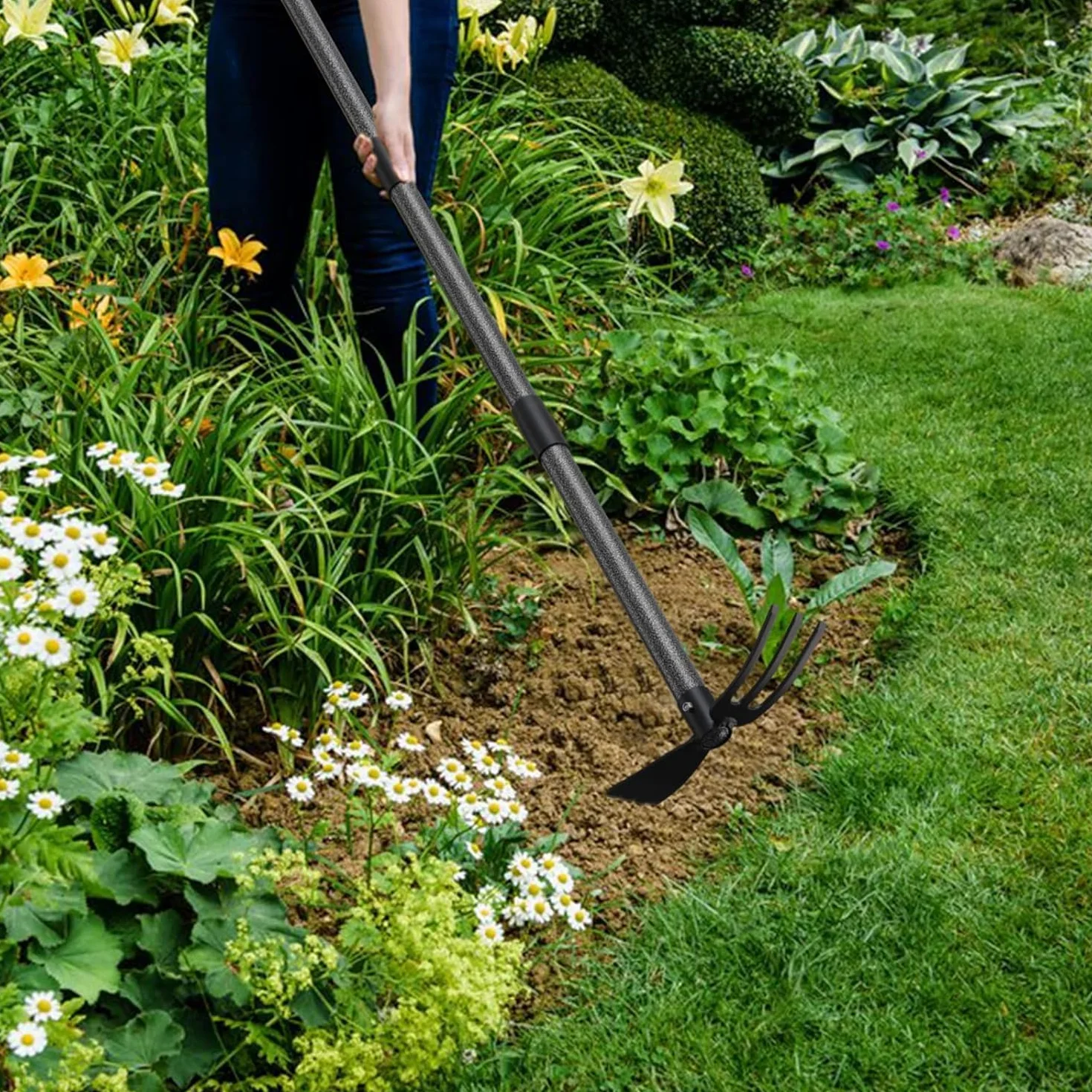 Zappa da giardino 76 cm 2 in 1 Binette Trident Strumento da giardino con manico lungo regolabile, multifunzionale zappa per giardinaggio, piantagione di erbacce allentamento del suolo