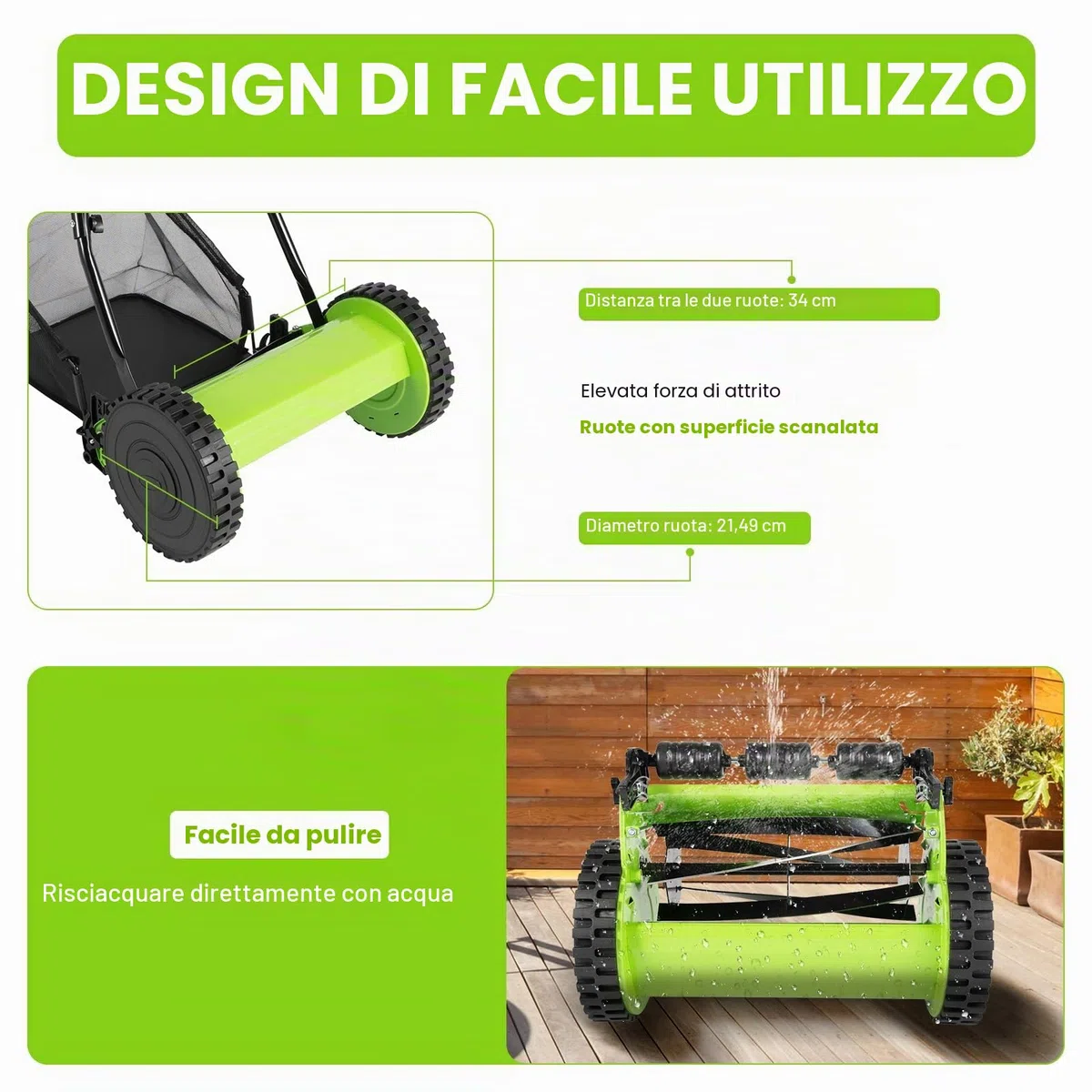 Tagliaerba manuale con larghezza di taglio di 300 mm, tosaerba con 5 lame, 23 l, capacità massima di 12-45 mm, altezza di taglio regolabile