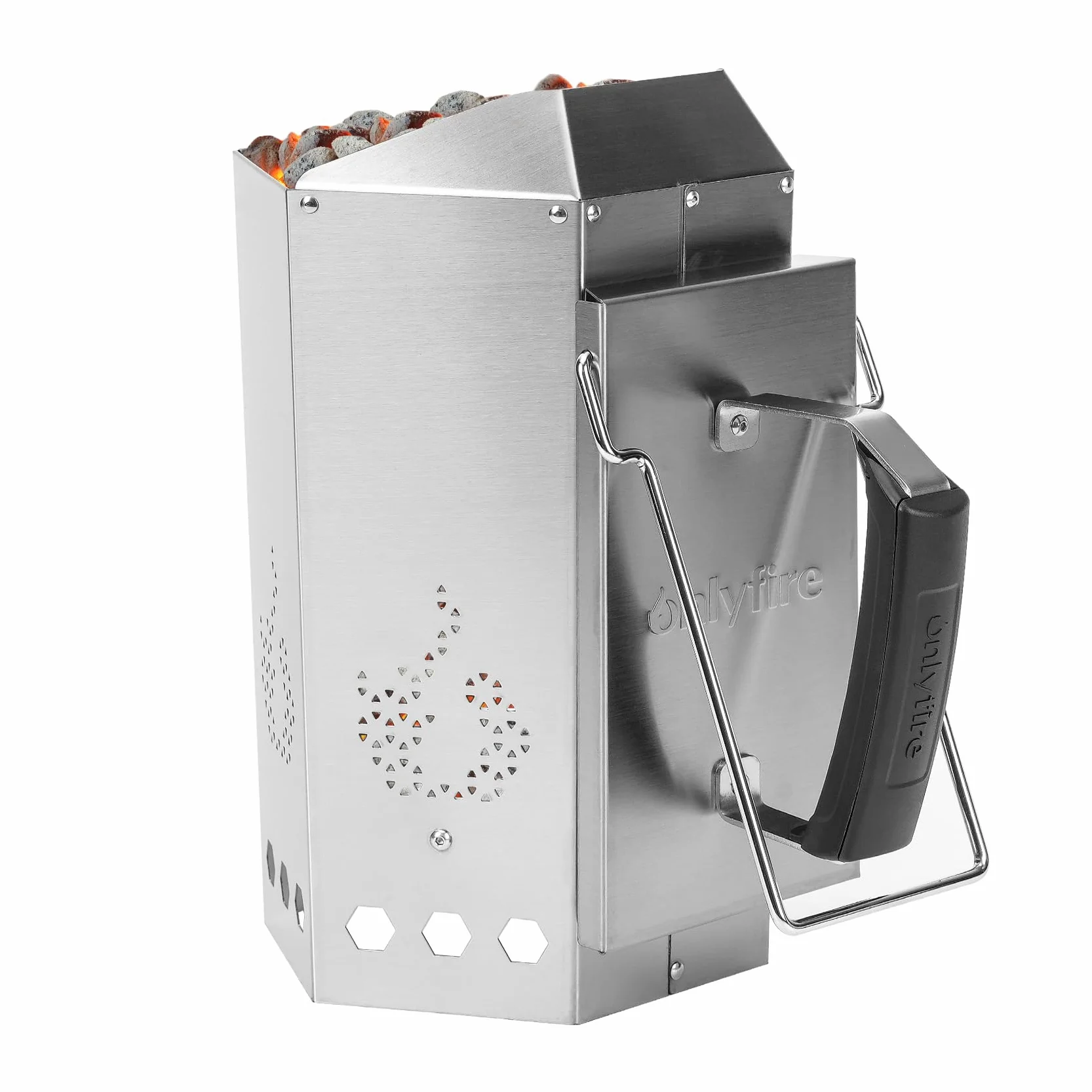 onlyfire Ciminiera Accenditore in Acciaio Inox, Starter per Camini da Barbecue con Sicurezza Isolata Termicamente e Manici in Metallo, Accenditore Rapido per Barbecue e Griglie a Carbonella