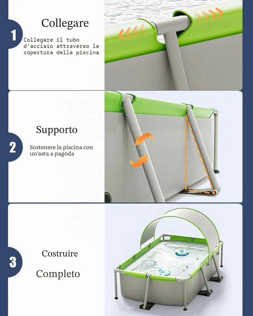 Piscina con struttura in metallo, piscina fuori terra rettangolare con telaio in acciaio, PVC resistente, non gonfiabile, facile da montare per cortile e giardino
