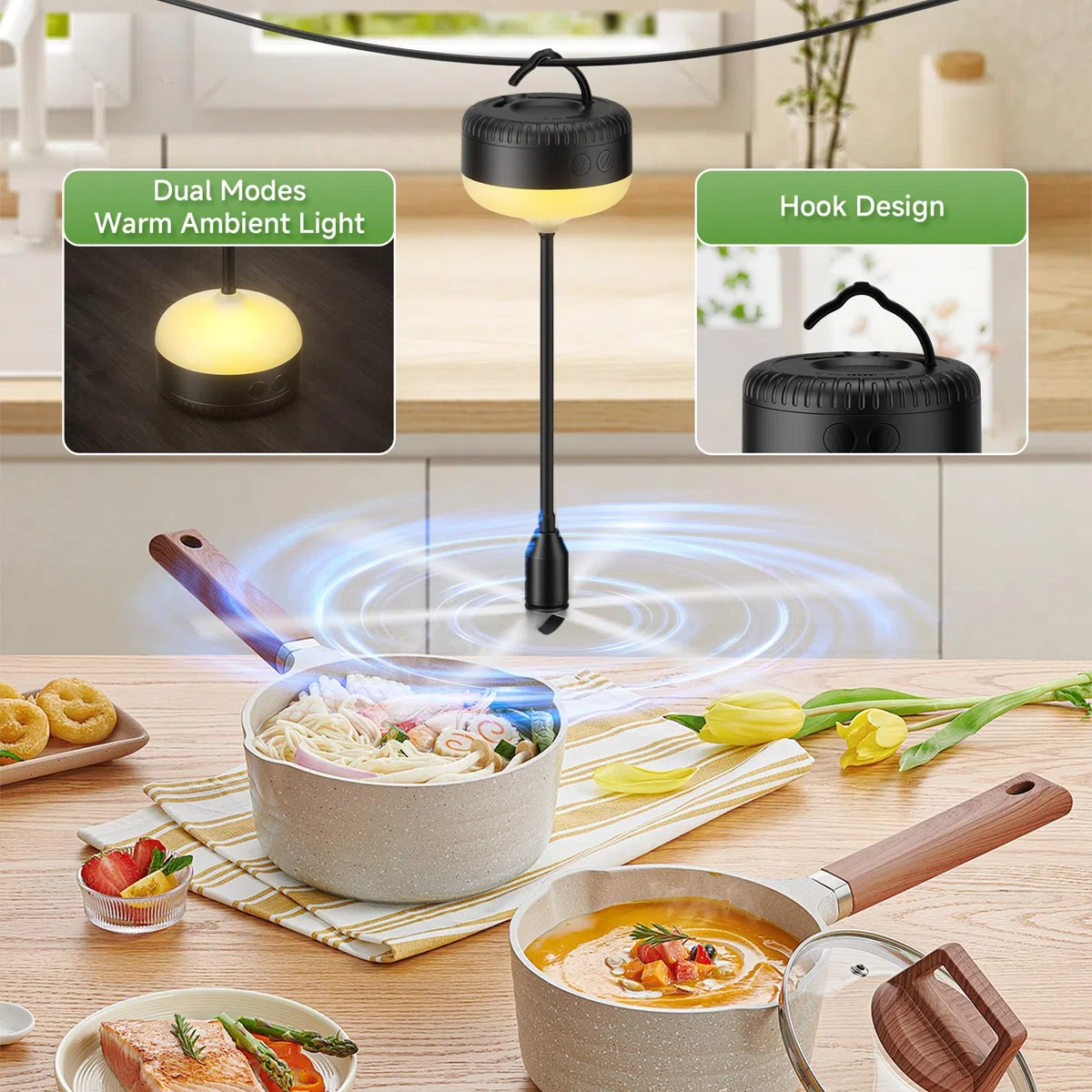PKBD 2 Pezzi Scacciamosche da Tavolo con LED Bianco Caldo e Pale Morbide | Ventilatore Anti Mosche da Interno Portatile a Batteria, Ideale per Cucina, Terrazza, Campeggio, Nero