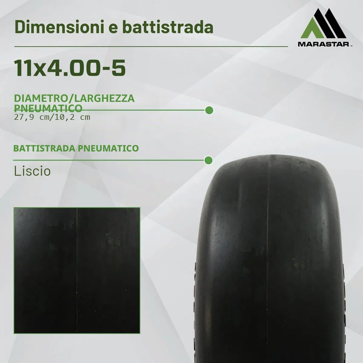 MARASTAR 00232 - Pneumatici e montaggio ruota - Misura universale - Flat-Free - 11 x 4.00-5 - Pneumatici di ricambio per tosaerba Zero Turn - Superficie liscia - Kit adattatore incluso