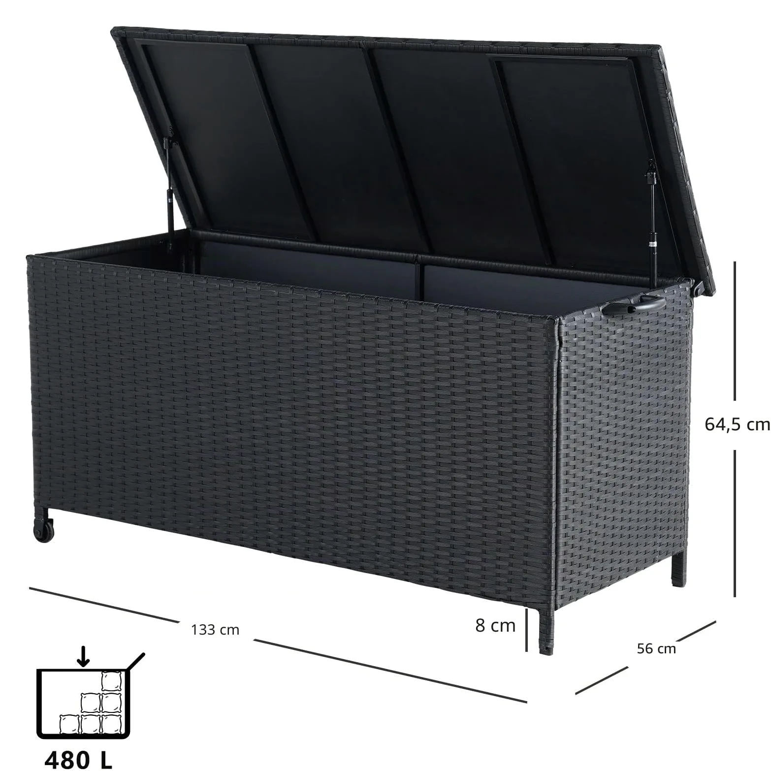 Grand patio Contenitore Box 480 L in Resina, Baule da Giardino con Rotelle Coperchio, Cassapanca Per Esterni, Facile Montaggio, Polyrattan Box Esterno da Giardino Esterno (Nero)