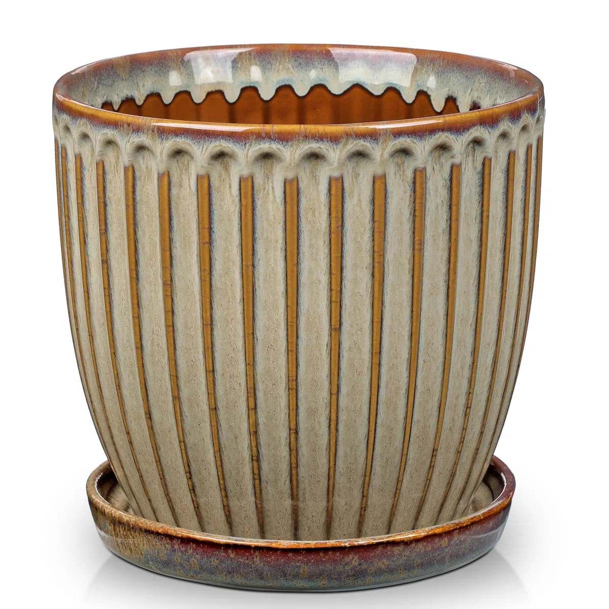 Oairse - Vaso in ceramica a coste, vasi da fiori con sottovaso con fori di drenaggio per piante da interno, decorazione retrò per set di contenitori da giardino all'aperto, diametro apertura 20 cm