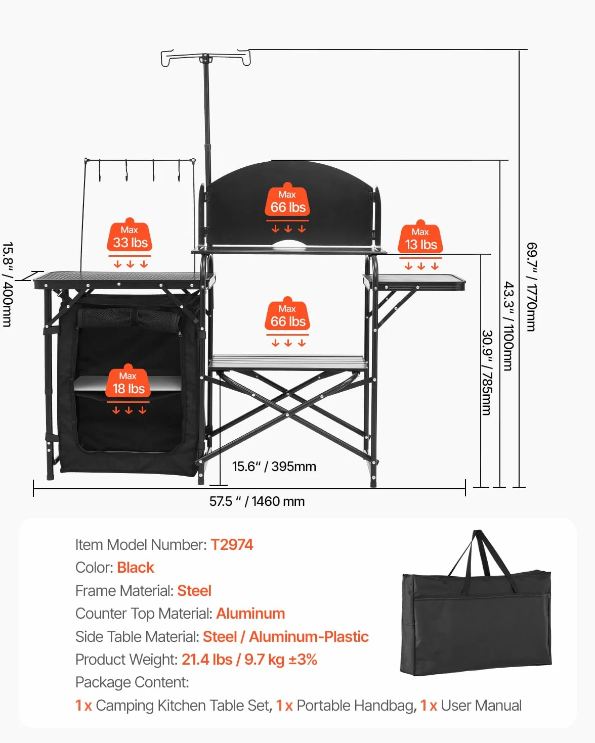VEVOR Tavolo da Cucina da Campeggio all'Aperto, Stazione di Cottura Portatile in Alluminio con Armadio Portaoggetti, Borsa per Trasporto, Parabrezza Staccabile, per Barbecue, Festa, Picnic, Nero