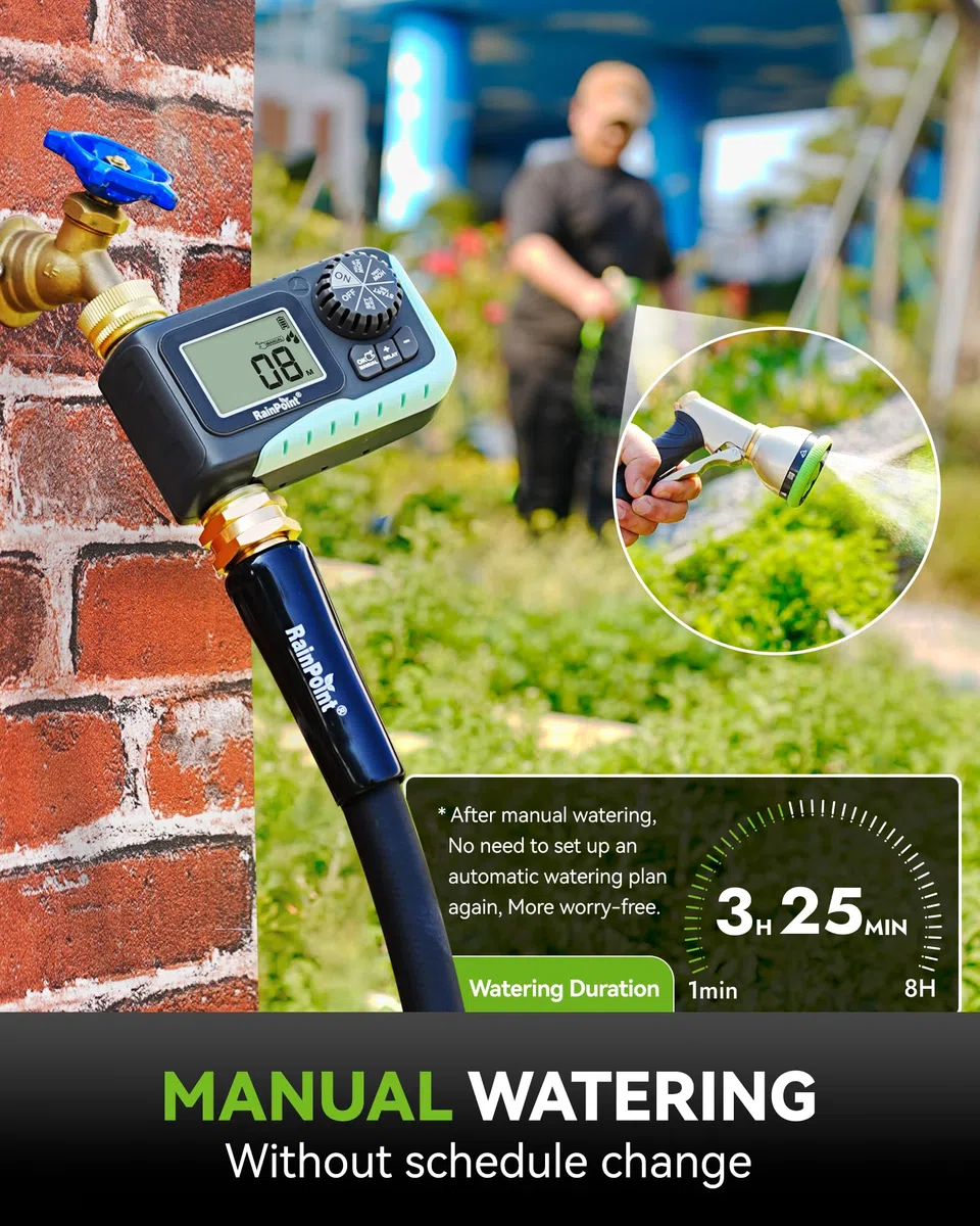 RAINPOINT Timer irrigatore, timer per tubo da giardino, 100% metallo, controller programmabile per irrigazione, controller con irrigazione manuale/ritardo pioggia per prato e giardino, 1 zona 2 pezzi