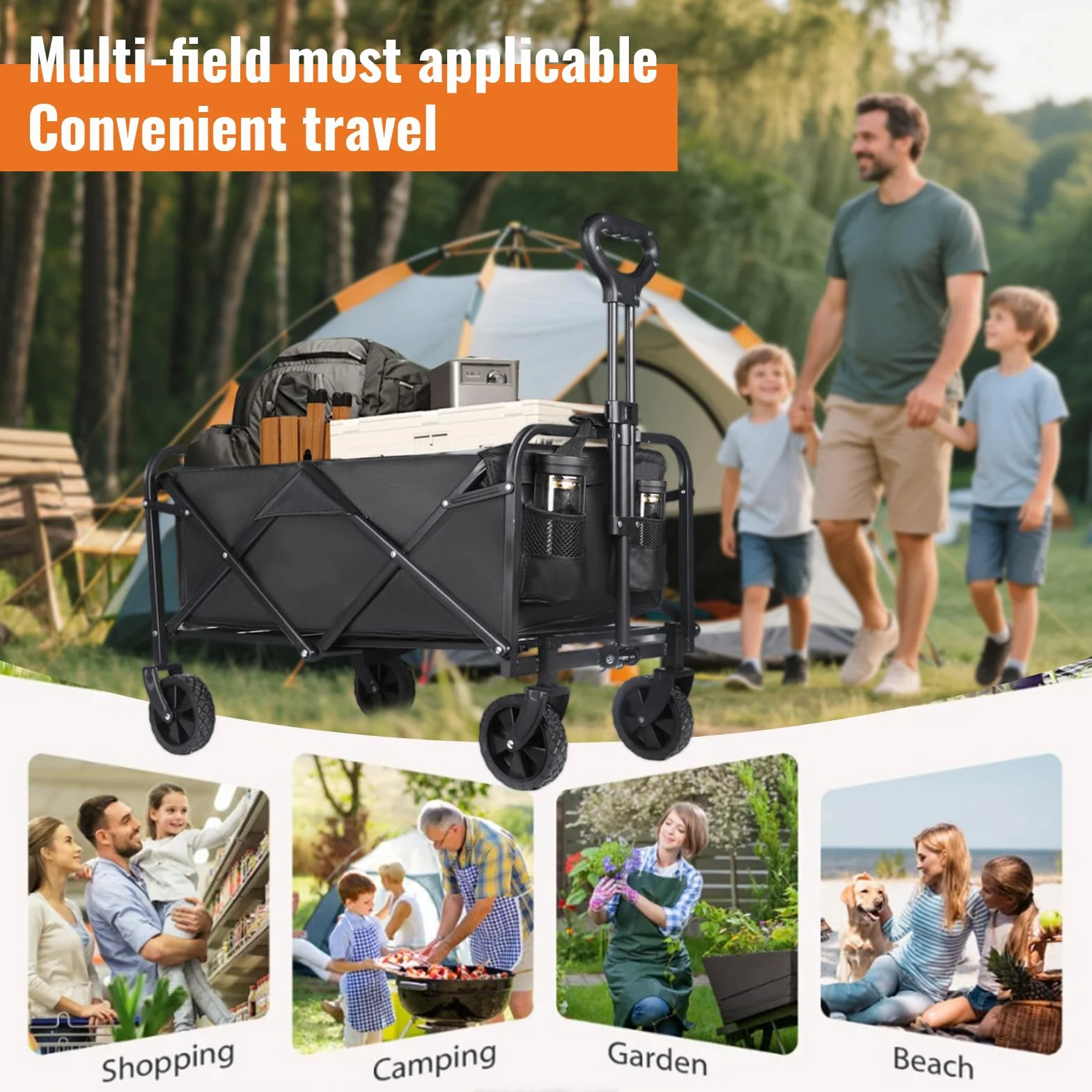 Carrello Pieghevole 120L (120kg di Carico), Carrello Spiaggia con Ruote Grandi 12cm & 360° - 2 Portabevande, Portatutto per Campeggio, Spiaggia & Shopping (Nero)