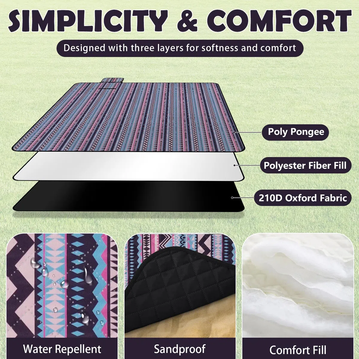 Coperta da picnic impermeabile, extra grande, 200 x 200 cm, resistente alla sabbia, lavabile, campeggio, spiaggia, accessorio da campeggio per attività all'aperto, Boemia