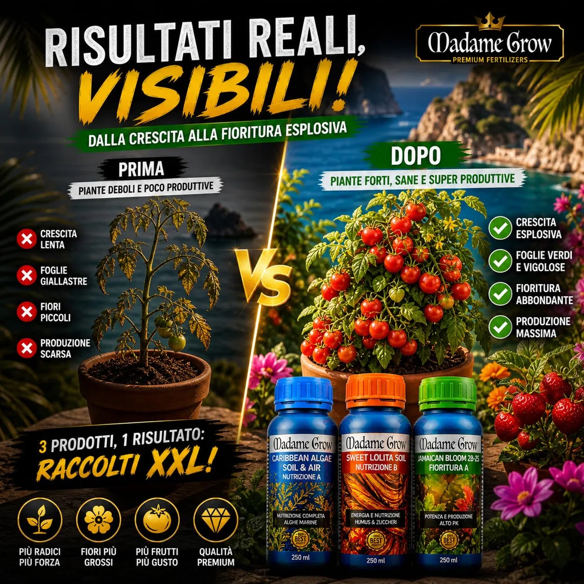 Madame Grow Kit Fertilizzanti Organici 3x1L - Concimi Biologici Superconcentrati, Ciclo Completo Crescita e Fioritura per Piante, Vegetal Bioplant