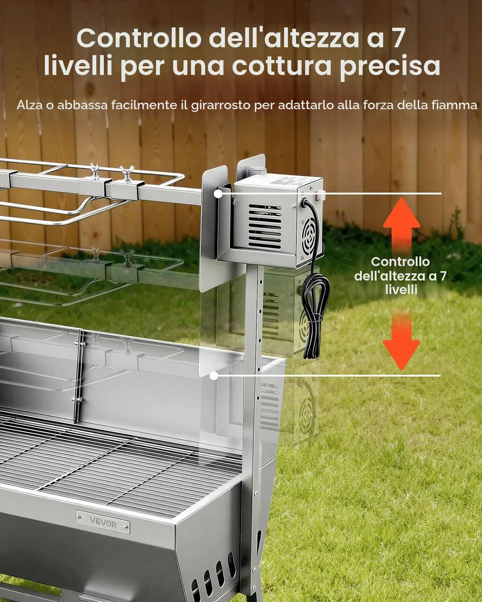 VEVOR Griglia per Maialino Griglia a Carbone, Lunghezza 1218 mm 38 W con Carico di 60 kg e Ruote e Regolazione dell'Altezza a 4 e Vie Copertura Protettiva, in Acciaio Inossidabile per Campeggio