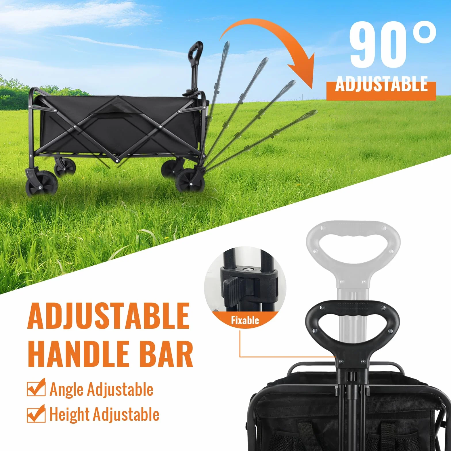 Carrello Pieghevole 120L (120kg di Carico), Carrello Spiaggia con Ruote Grandi 12cm & 360° - 2 Portabevande, Portatutto per Campeggio, Spiaggia & Shopping (Nero)