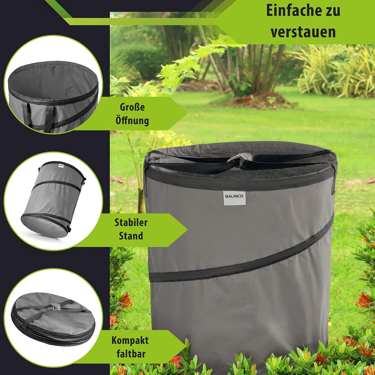 3x 170 litri sacco pop-up per rifiuti da giardino grigio autoportante e stabile | sacco per foglie | sacco per rifiuti verde pieghevole, grande in poliestere estremamente robusto 220 g/m²