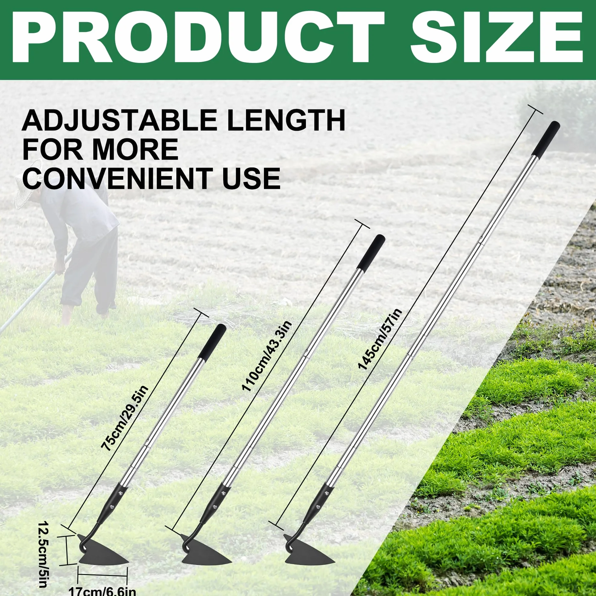 YEELOR Warren Zappa, Zappa da Giardino in Acciaio al Carbonio con Manico Lungo Regolabile in Acciaio Inox da 144,78 cm, Zappa da Giardino Robusta per Rifilatura, Diserbo, Scavatura, Allentamento e