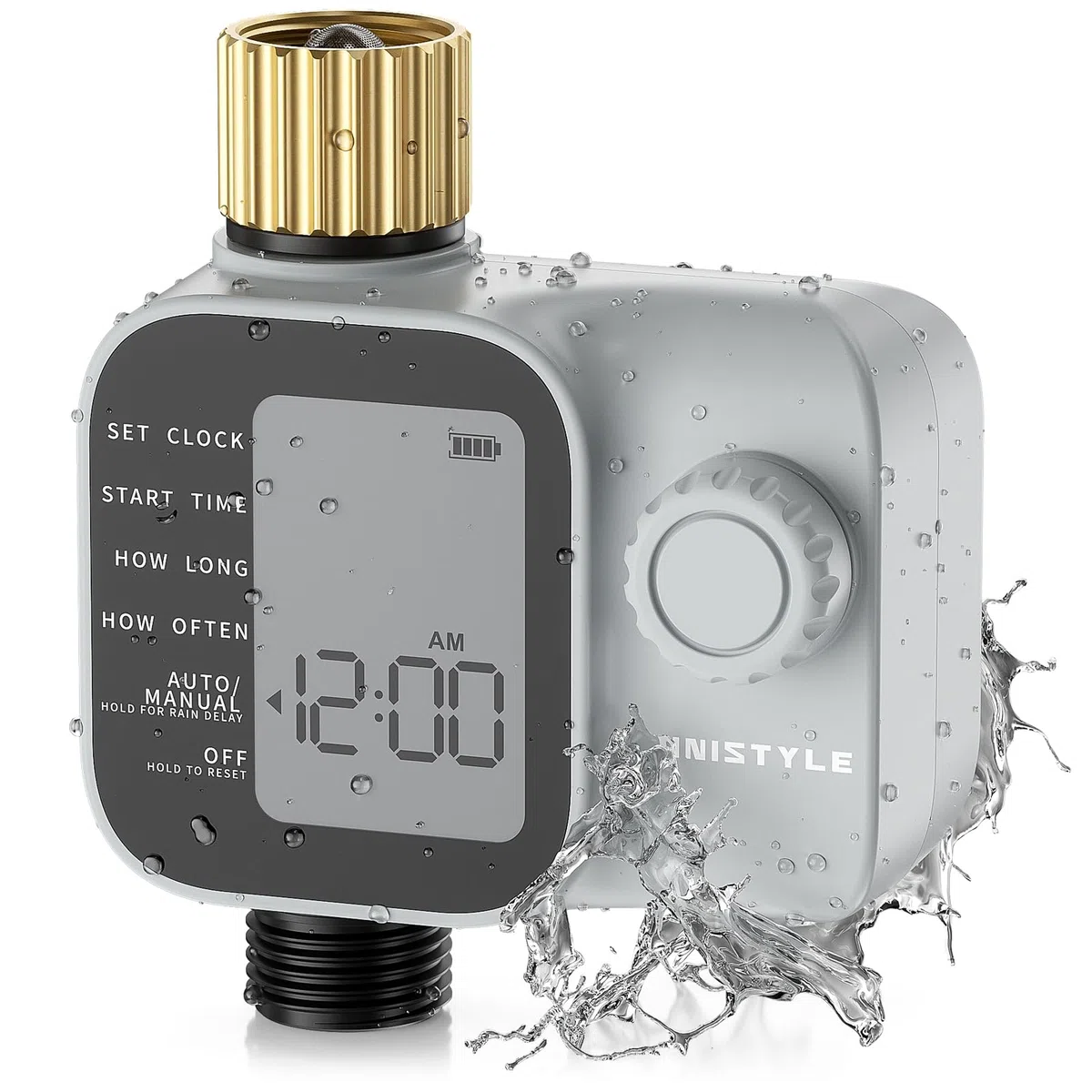 Unistyle Timer per irrigazione con ingressi in ottone, timer programmabile per acqua per tubo da giardino, timer impermeabile IP55 con timer di irrigazione manuale e automatico per cortile e prato