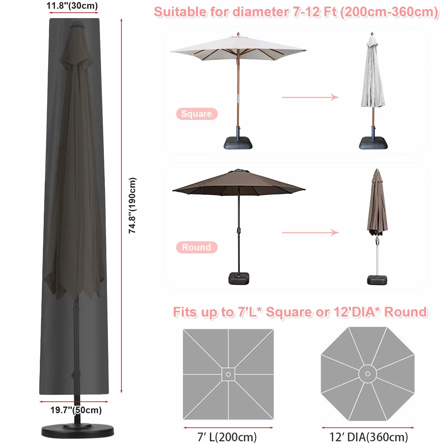 Copertura Ombrellone con Asta, Ø3m Telo per Ombrellone da Giardino, Impermeabile, Antivento, Anti-UV, Copri Ombrellone Coperture per Ombrellone con Cerniera, 190x30/50cm