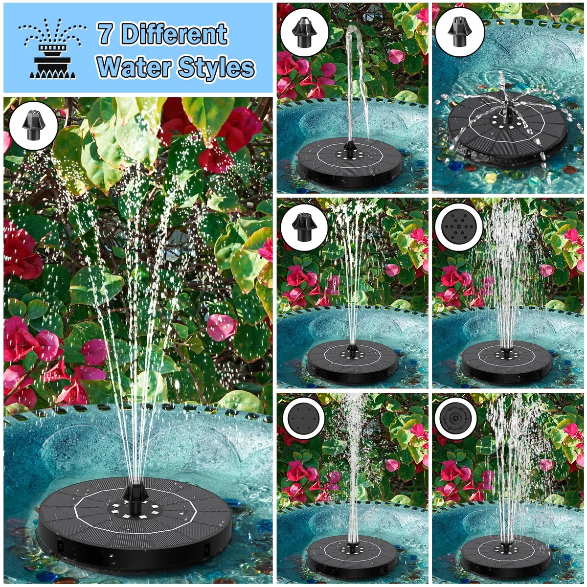 SZMP Fontana Solare 3.5W, 2026 Nuovo Pompa ad Acqua Solare con 2200mAh Batteria, 8 Luci LED Colorate Fontana da Giardino Esterno con 8 Ugelli e 4 Fissatori, per Bagno per Uccelli, Giardino Piscina