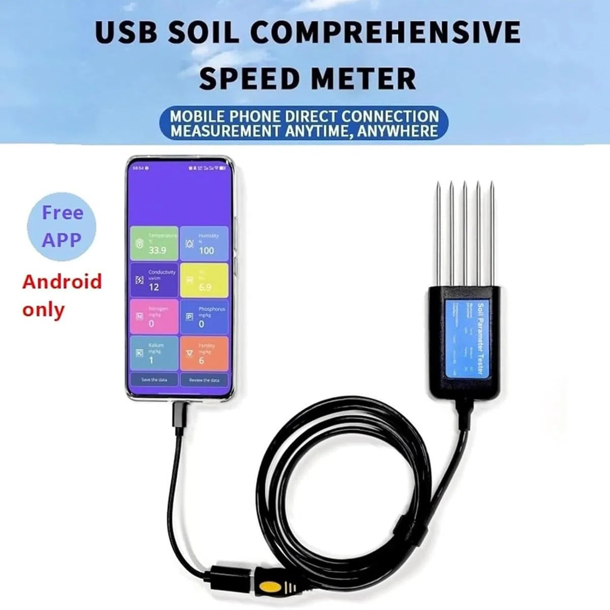 Tester del suolo, Analizzatore del suolo USB, Tester digitale Npk (azoto, fosforo, potassio), Ph, Umidità, Conducibilità elettrica (ec), Test di fertilità del suolo, for piante da giardino