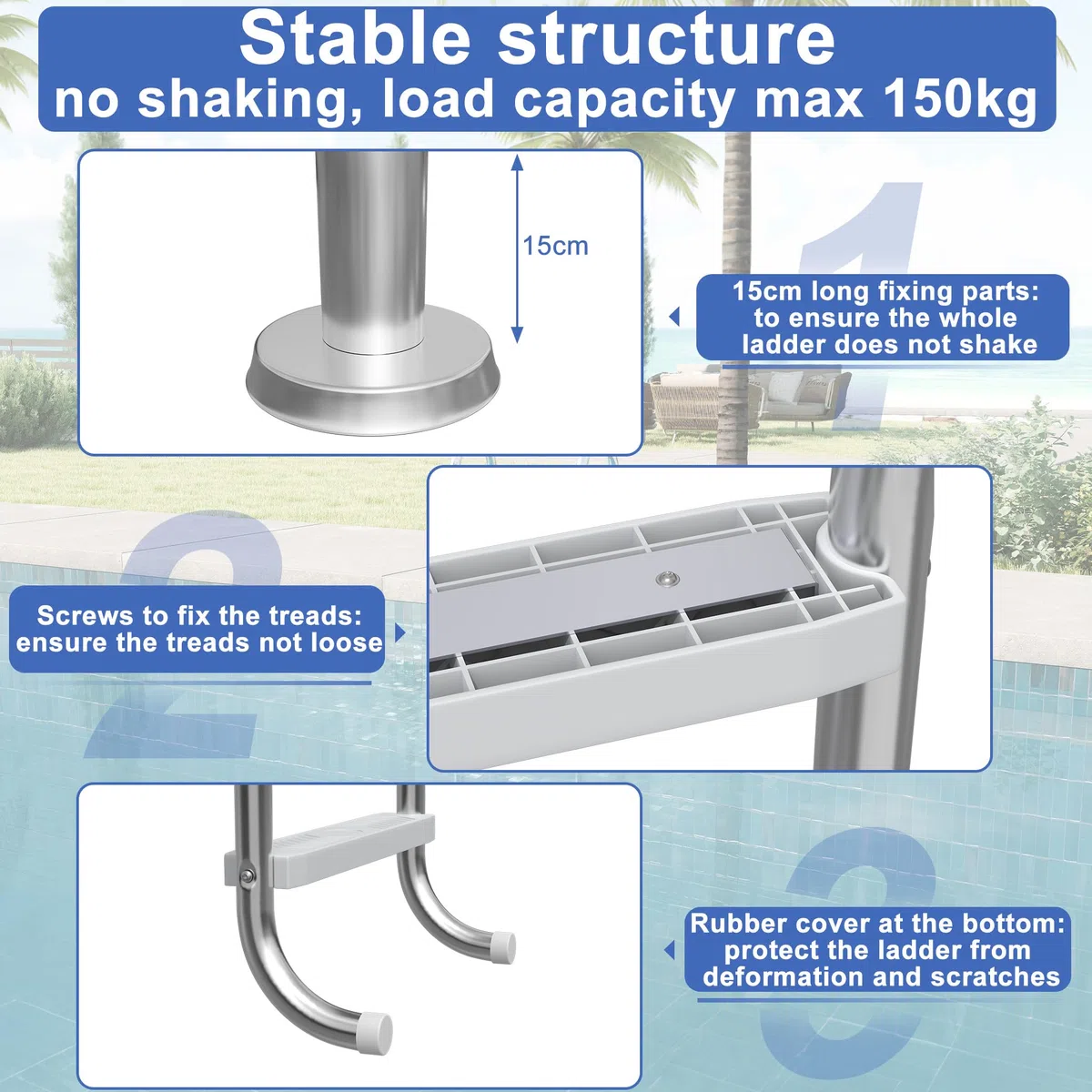 UISEBRT 304 - Scala per piscina in acciaio inossidabile con 4 gradini | 157 x 54 x 26,5 cm - Argento | Scala da piscina con antiscivolo | Scala per l'ingresso a piscina e vasca | Resistente fino a 150