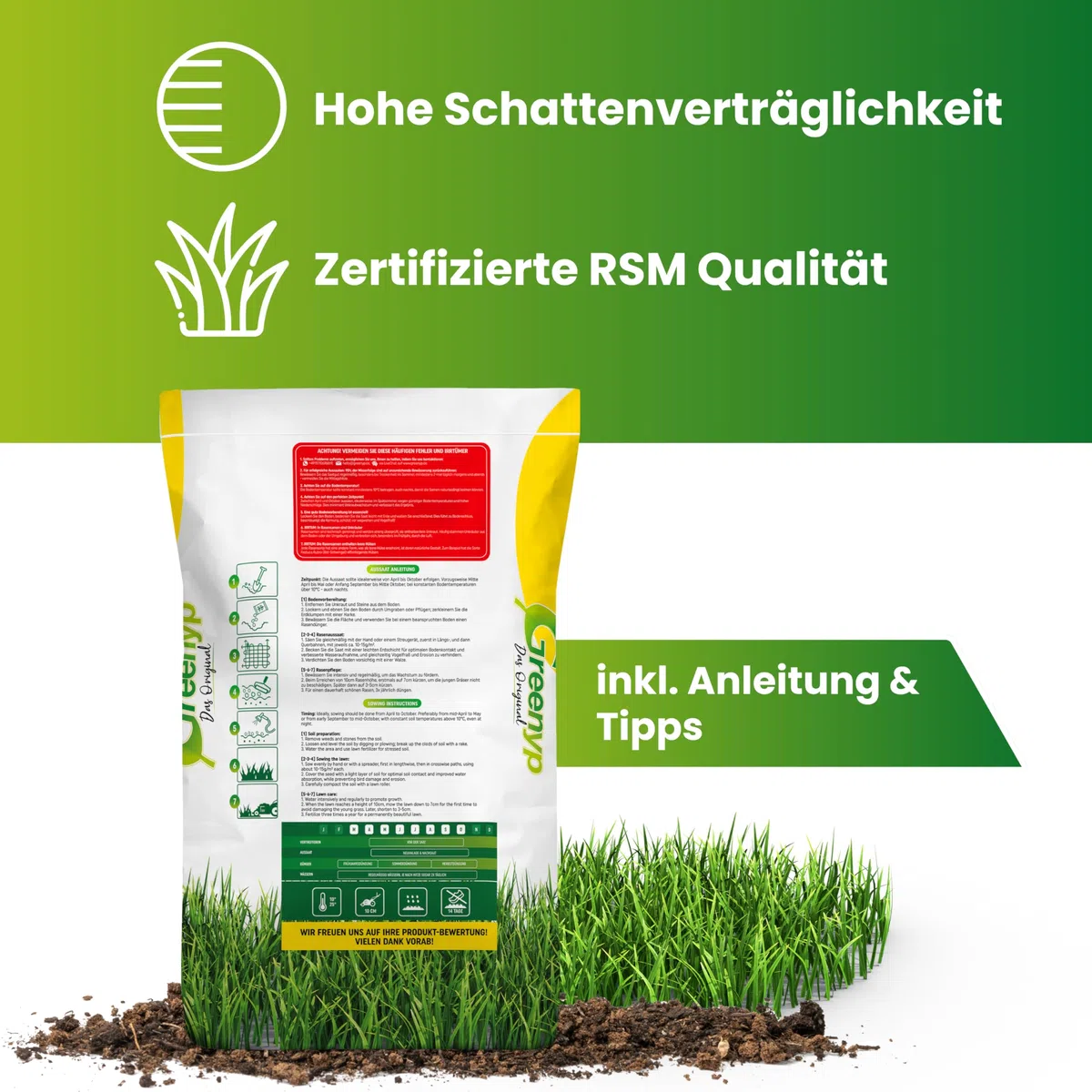 Greenyp® Ultimate I Premium RSM - Erba ombreggiata con 100% RSM, 5 kg per 200 m², seme di erba, seme di erba per luoghi ombreggiati e asciutti
