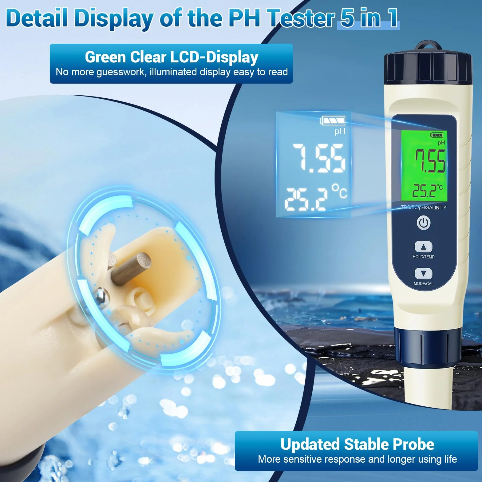 Tester digitale di qualità dell'acqua 5 in 1, PH/TDS/EC/Salinità/Termometro, Schermo LCD con compensazione automatica della temperatura, Tester dell'acqua per acqua potabile, acquario, piscina