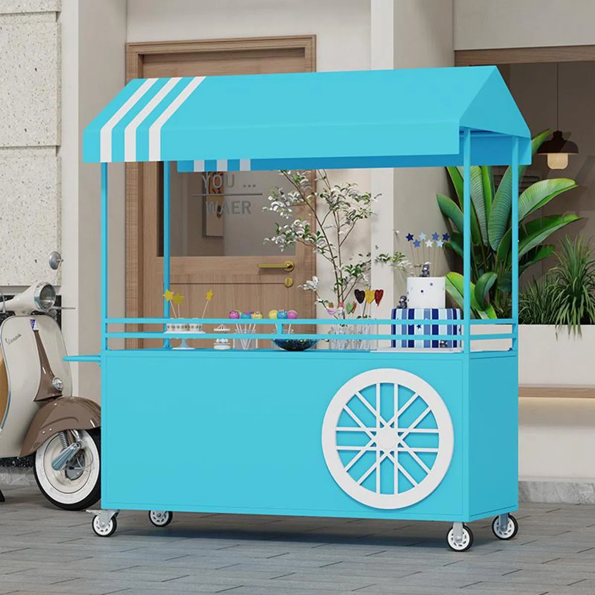 Espositore alimentare mobile con ruote bloccabili, banco pieghevole portatile, carrello con ampio spazio di stoccaggio, carro in ferro per mercati, eventi di street food e festival