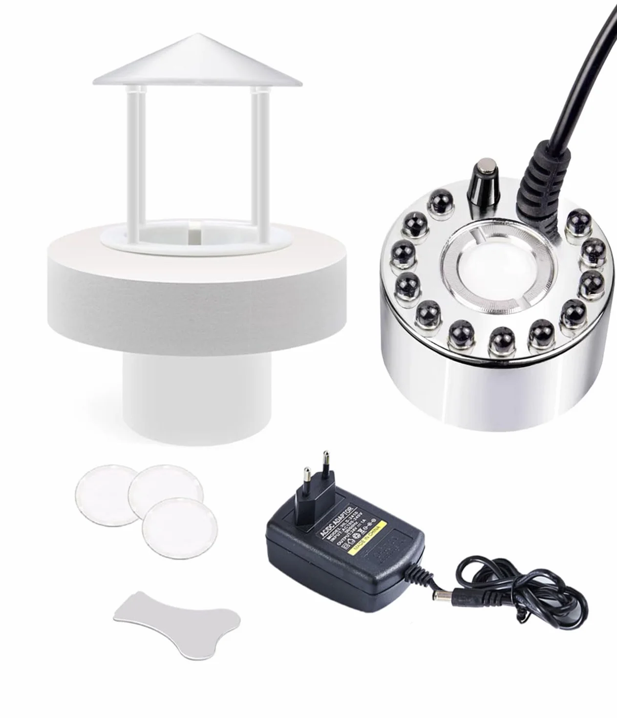 KINGYEENUO Fogger - Fogger a ultrasuoni 350 ml/H con 12 luci LED, Splash Guard, Float e 3 dischi di ricambio per acquario, stagno, serbatoio di pesce, alloggiamento rettile, Rocky, fontana interna