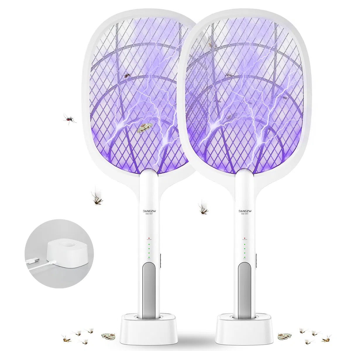 DANGZW Racchetta Zanzare Elettrica, 2 in 1 4000V USB Ricaricabile Mosquito Killer & Elettrico Swatter Zapper con Base di Ricarica per Casa Giardino Campeggio