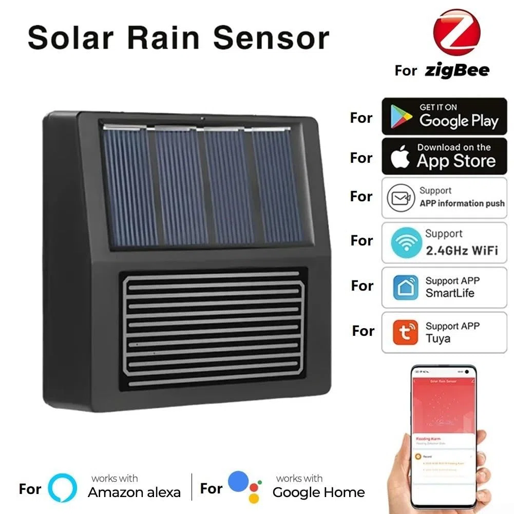 Sensore di pioggia solare con rilevamento in tempo reale per domotica Tuya, design wireless resistente alle intemperie con avvisi telefonici immediati, alimentato da