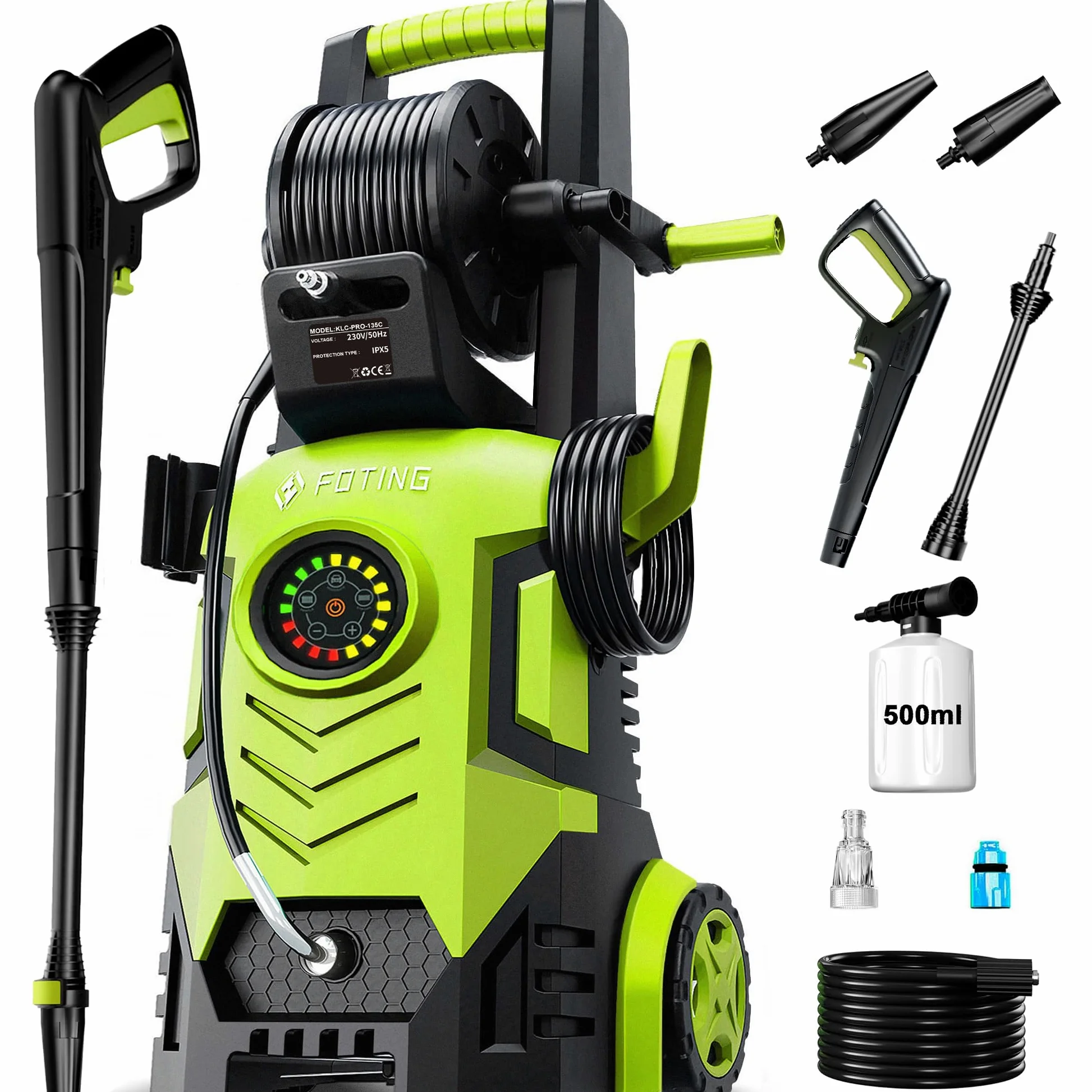 Idropulitrice ad alta pressione da 150 bar, touch screen a 8 livelli, 3 modalità, 250-420 l/h, 60 m²/h, con avvolgitubo, pistola per schiuma da 500 ml, fresa per sporco, tubo da 7 m