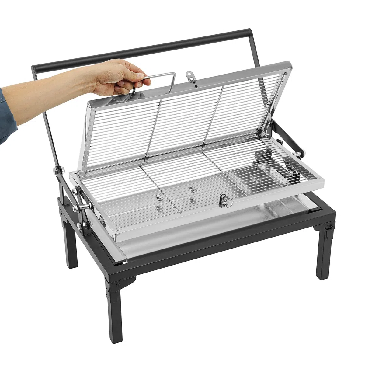 Barbecue pieghevole a carbonella, piccolo barbecue da campeggio con griglia girevole a 360 gradi e cassetto a carbone, pieghevole e portatile, per parco, giardino, spiaggia, picnic