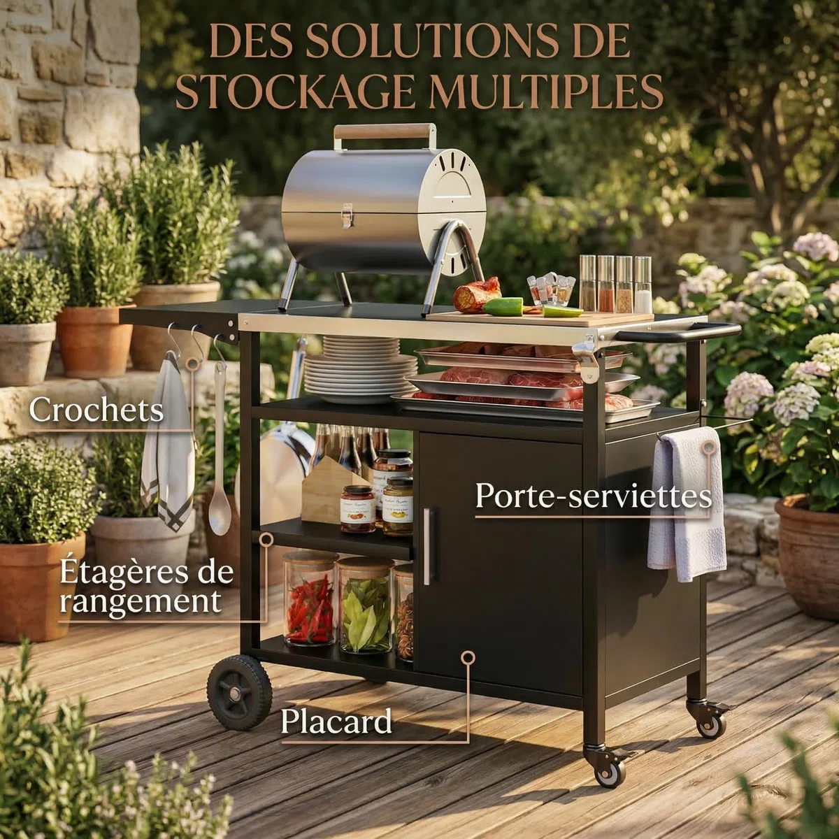 Outsunny Carrello per barbecue con vassoio in acciaio inox, ripiano pieghevole, ganci e custodia in dotazione, carrello esterno con ruote, 127 x 51 x 84 cm, colore: nero