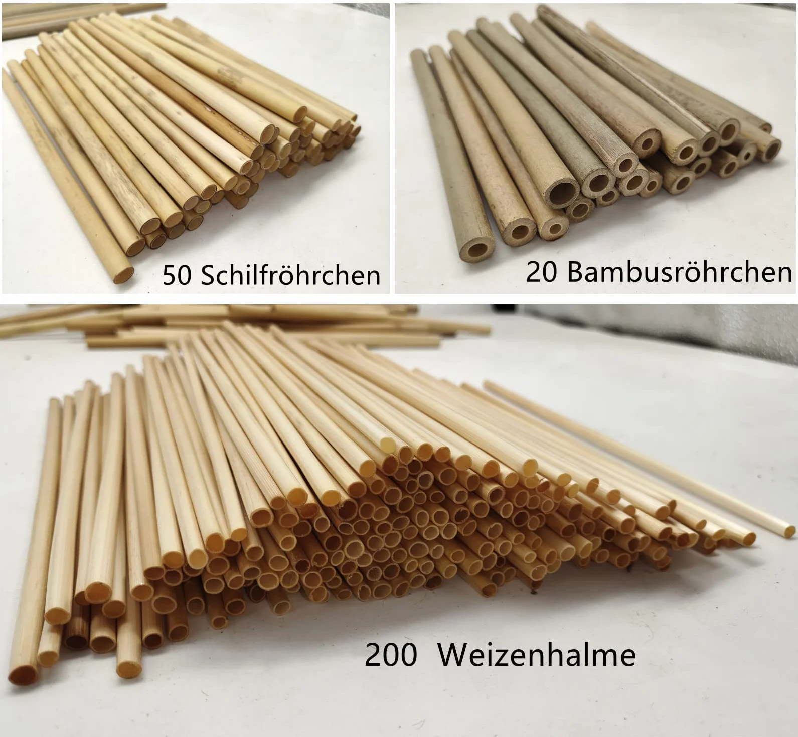 200 cannucce di grano + 50 cannucce + 20 tubi di bambù prefabbricati da 20 cm, materiale di riempimento, aiuti per nidificazione, api selvatiche, per insetti, casetta per api selvatiche