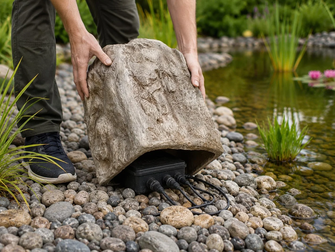 Copertura per rocce da giardino, effetto arenaria, rocce artificiali, 28 x 40 cm, copertura pompa