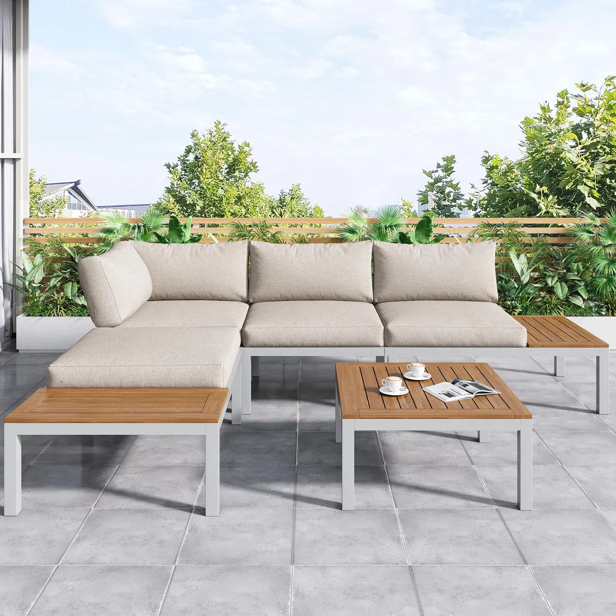 Set da giardino resistente alle intemperie con telaio in acciaio zincato (2 divani a 2 posti, 2 tavolini e 1 tavolino), piano in legno di acacia, il rivestimento in tessuto può coprire