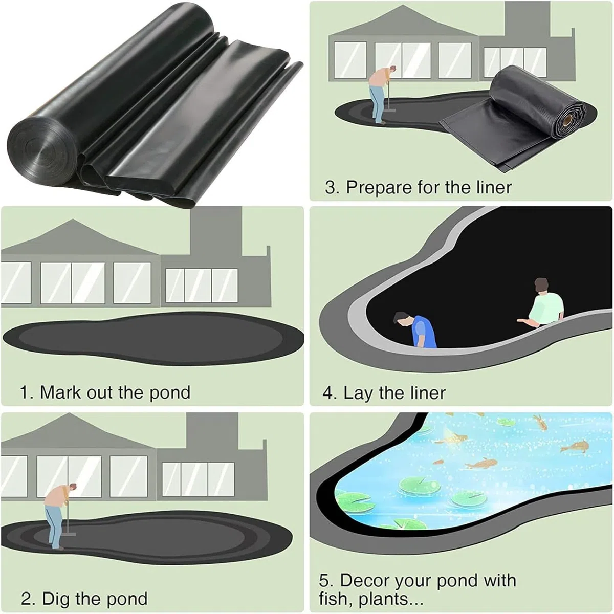 Telo Impermeabile in HDPE Resistente per laghetti, cascate e fontane da Giardino, 4x6 m. Copertura per vasche, Giardini Acquatici e Giochi d'Acqua.