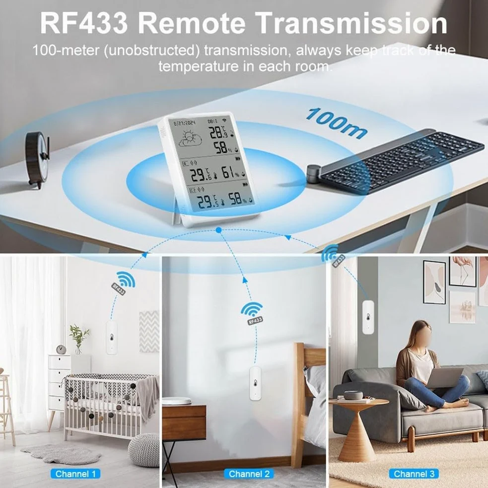 Sensore igrometro Wlan per Tuya per SmartLife, sensore di umidità della temperatura, termometro Wlan con app per casa serra (1 stazione base + 6 sensori)