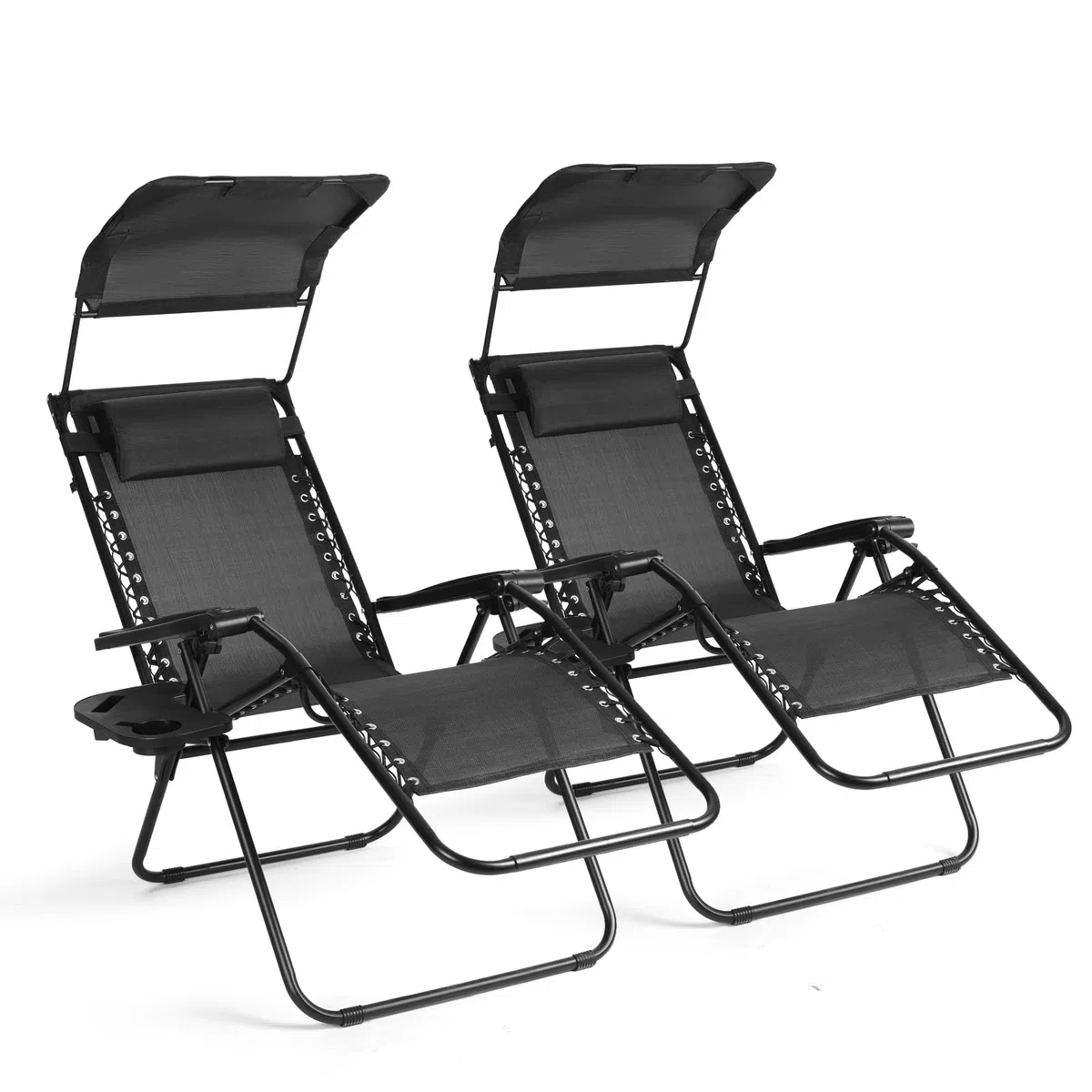 VOWNER Sedie da Giardino Pieghevoli, Set di 2 Poltrone Esterno, Nero | Poltrone pieghevoli da esterno con tettuccio parasole e porta bevande per piscina.