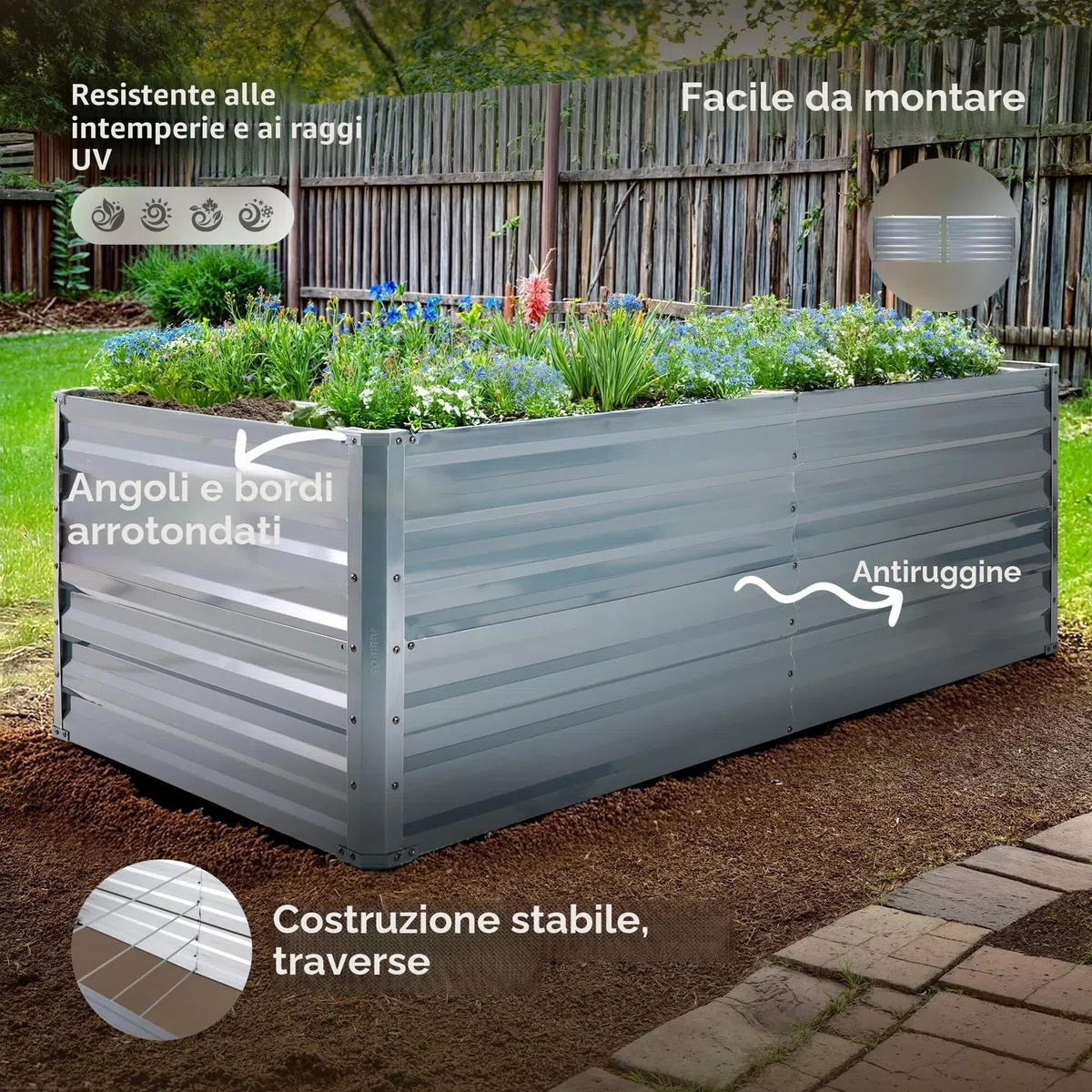 AREBOS Letto rialzato in metallo 180x90x45 cm | letto da giardino in acciaio zincato | letto per piante resistente alle intemperie e alla ruggine | letto rettangolare per orto e patio