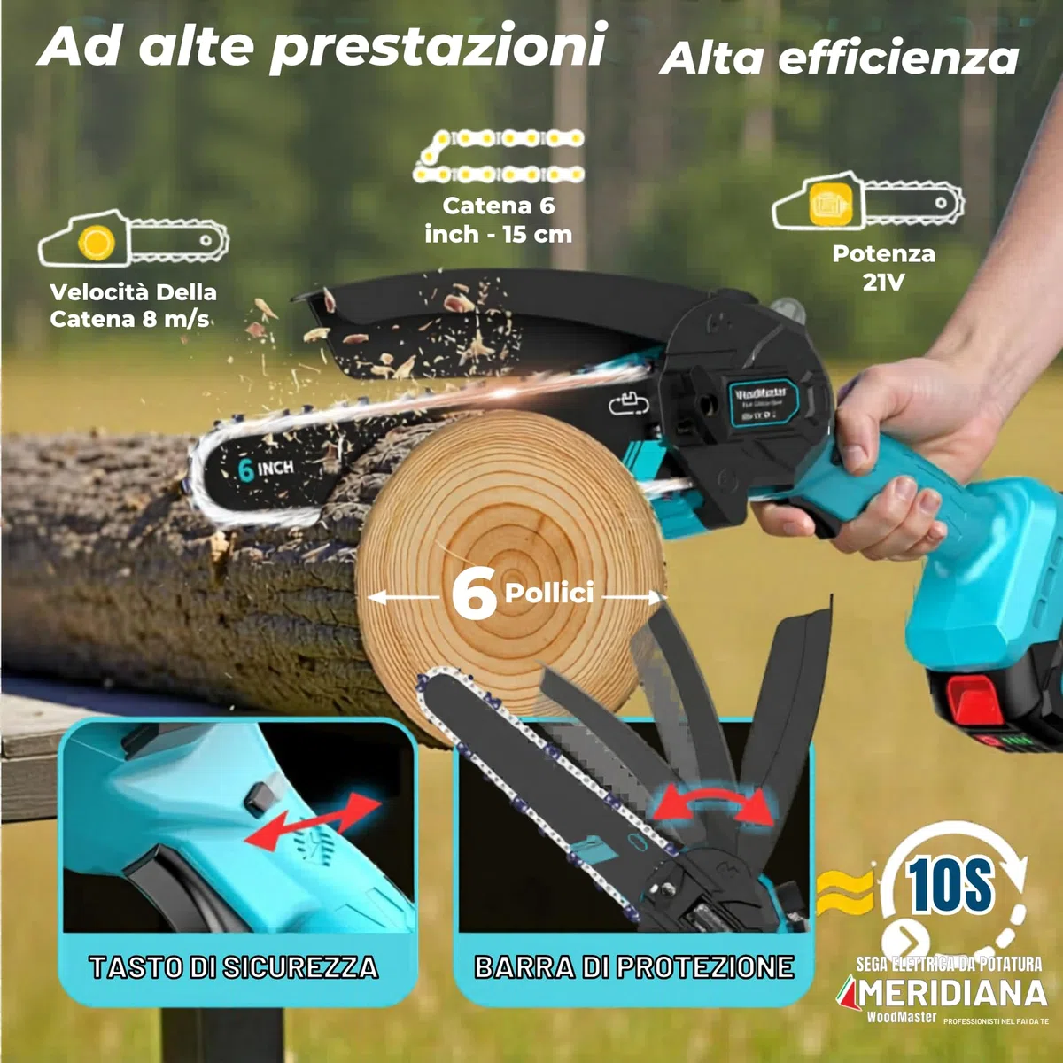 Meridiana Mini Motosega a Batteria senza fili per Potatura - 6 Pollici Motosega Elettrica Motore 21V con Oliatore Integrato, 2 Batterie 2000mAh, 2 Barre, 2 Catene e Cacciavite in Valigetta Rigida