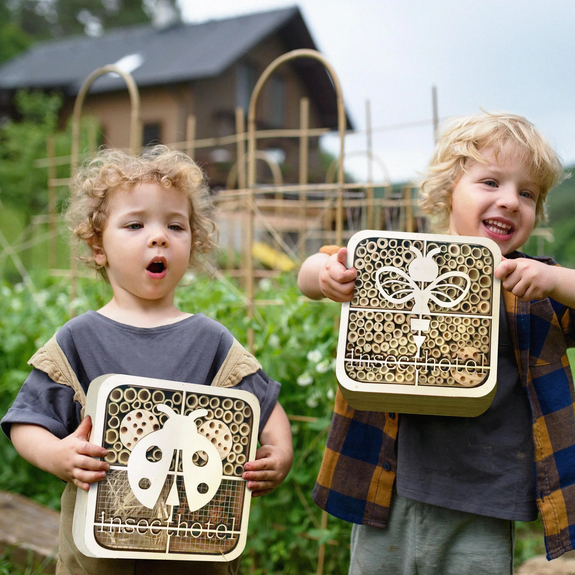 ISOTRONIC Hotel per insetti in legno naturale – Casetta per api, coccinelle e altri insetti – Hotel per api in bambù per giardino e balcone – Design moderno a nido d'ape (coccinella)