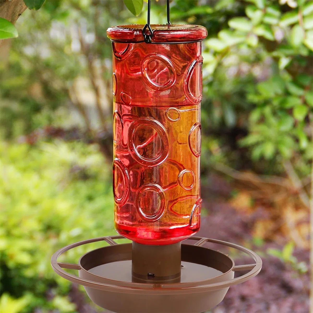 Juegoal Abbeveratoio per uccelli selvatici in vetro, 880 ml, per esterni, refrigeratore d'acqua con manico in metallo da appendere, decorazione esterna per giardino, albero, cortile, rosso