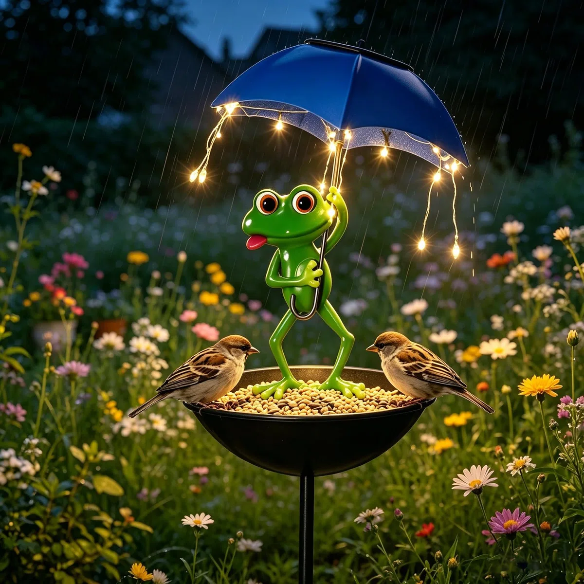 Mangiatoia a energia solare a forma di rana, per esterni, decorazione da giardino con ombrello, ciotola, mangiatoia decorativa per giardino, terrazza, prato, laghetto, cortile
